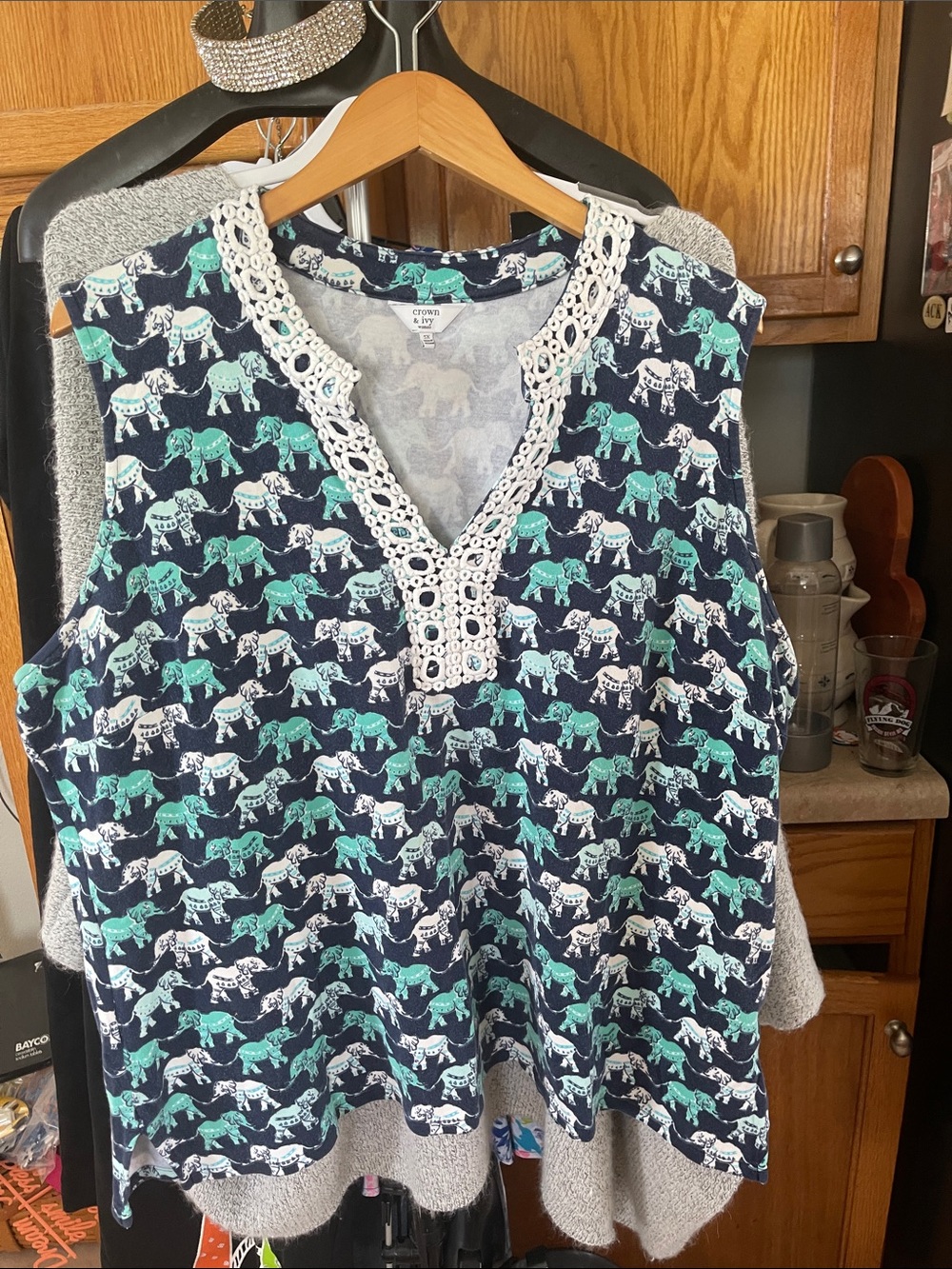Crown & Ivy Navy Teal Elephant Print Crochet Lace Sleeveless Top 3X